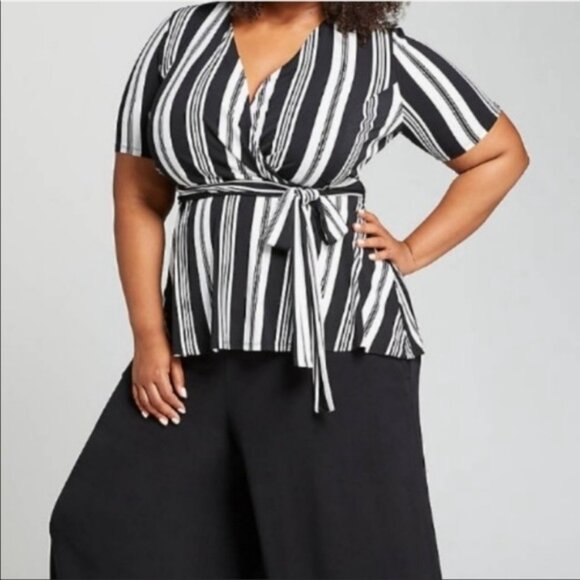 Lane Bryant 22/24 Black White Striped Stretch Knit‎ Faux Wrap Top Blouse Plus 2X - Picture 1 of 5